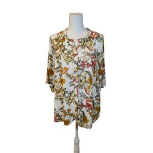 Olivia Grey Floral Button Up Top Women Size XL Off White Preppy Feminine